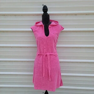 Tommy Hilfiger Women's V-Neck Coverup Dress Pink Towel Cotton Tie Hooded Sz S